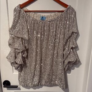 CeCe Glittering Ruffle Sleeve Blouse - Silver